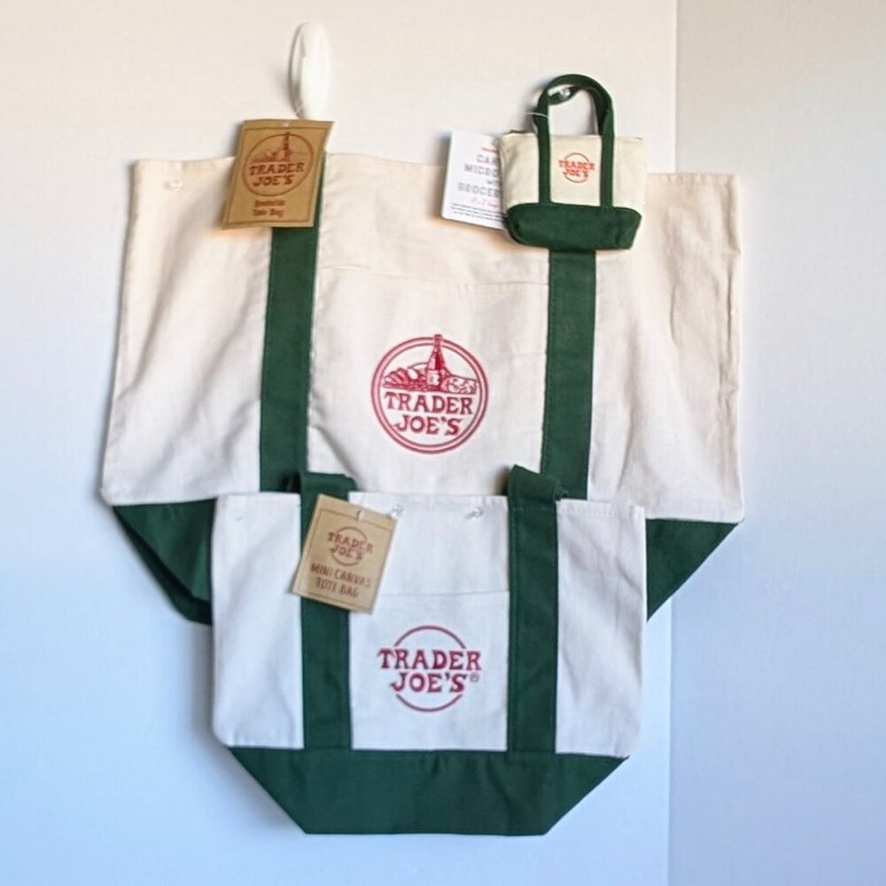NWT Trader Joe's Green Large, Mini, & Micro Canvas Tote Bags 🛍️